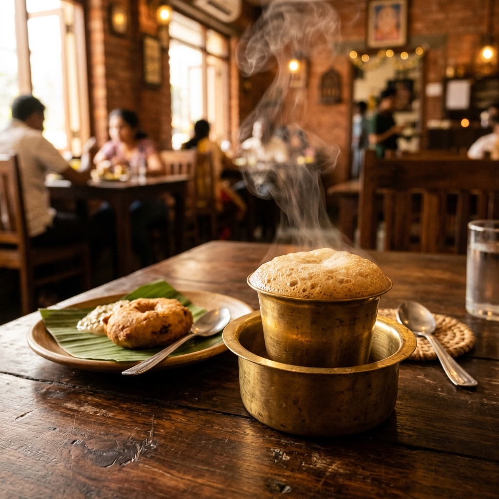 Steaming frothy Filter Coffee in brass Davarah and Tumbler