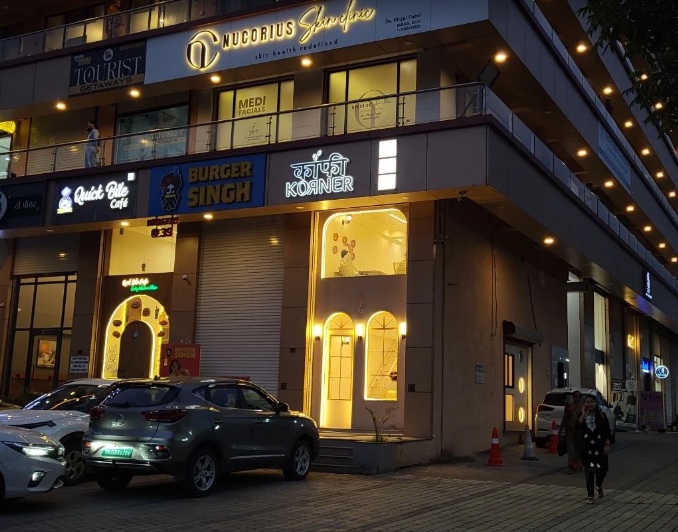 Exterior entrance at dusk