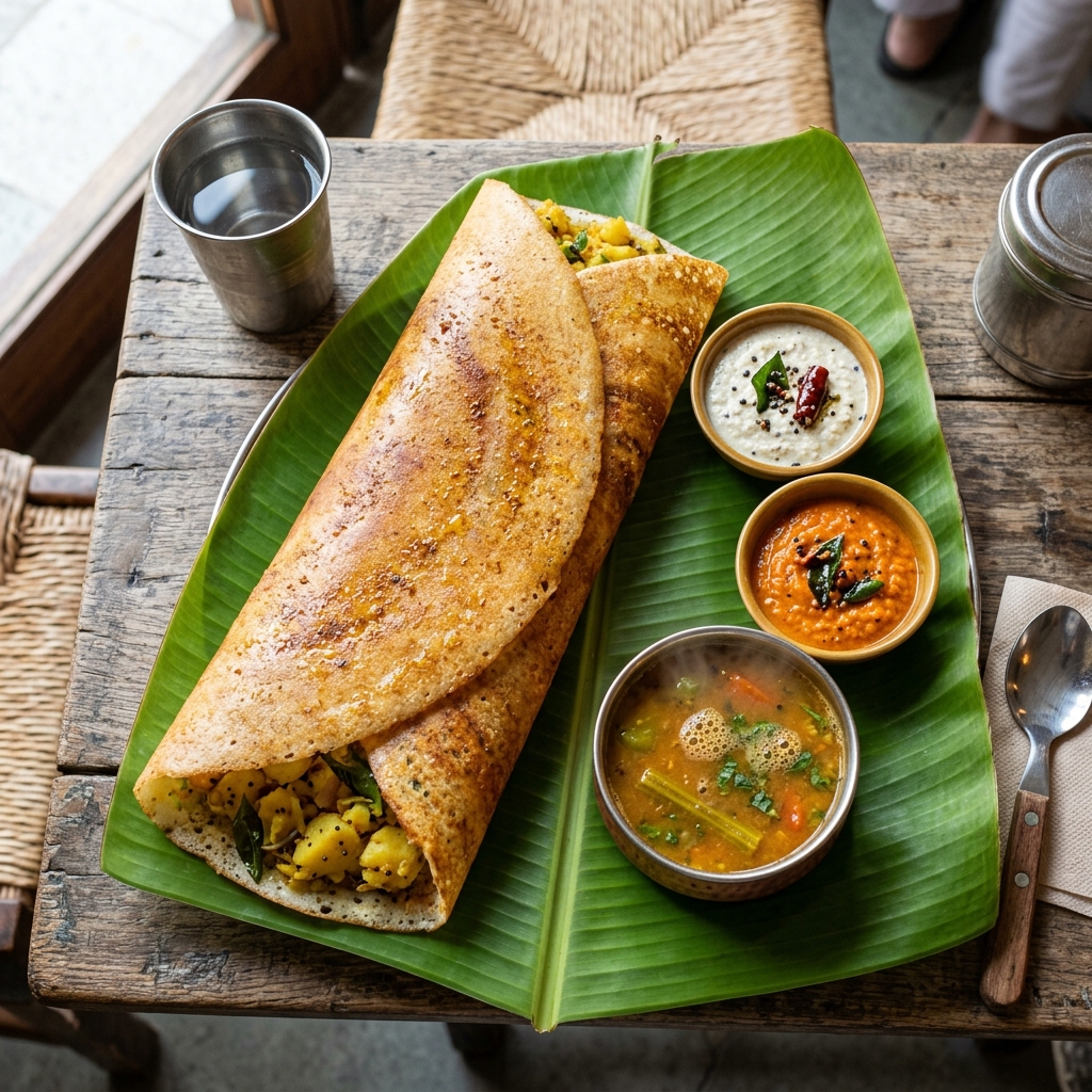 Golden crispy Masala Dosa with chutneys on banana leaf